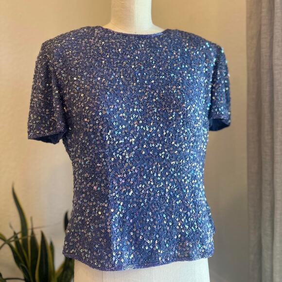 Adrianna Papell Occasions Women’s 12 Blouse Purple Blue Silk Sequin Top - Picture 2 of 3
